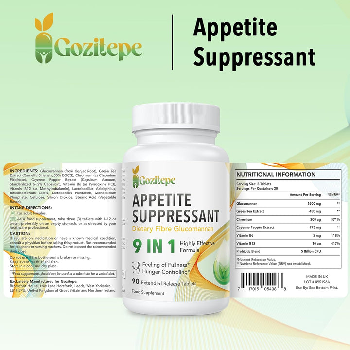 9-In-1 Vegan Appetite Suppressant for Women – High Strength Glucomannan 1600Mg, Green Tea (50% EGCG), Cayenne, Chromium & B Vitamins – 90 Extended Release Tablets