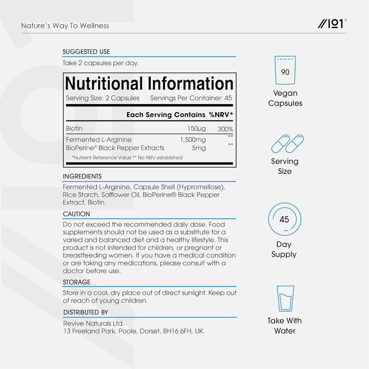 Fermented L-Arginine 1500Mg with Bioperine® & Biotin - 90 Vegan Capsules – High Strength Amino Acid Supplement – Resealable and Recyclable Pouch – by