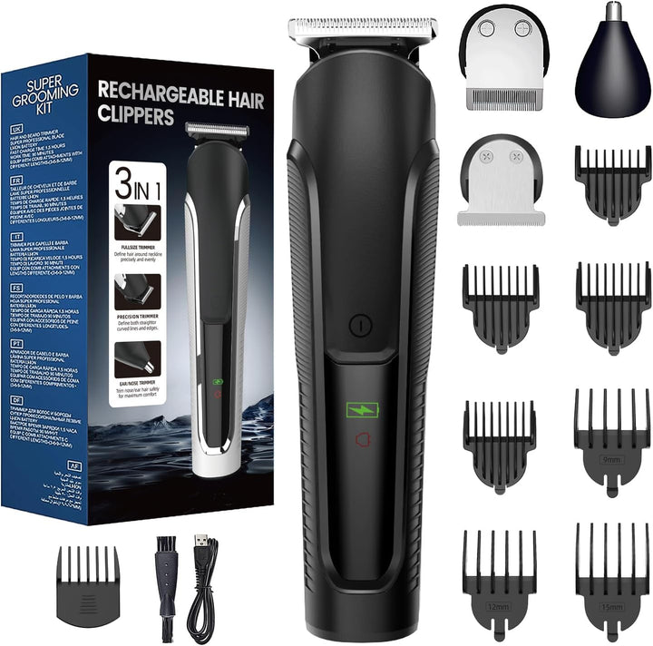 Beard Trimmer Men, Hair Clippers Men, All-In-One Men'S Grooming Kit with Nose and Ear Trimmer, Detail Trimmer, IPX6 Waterproof Professional Cordless Hair Clipper with 4 Limit Combs