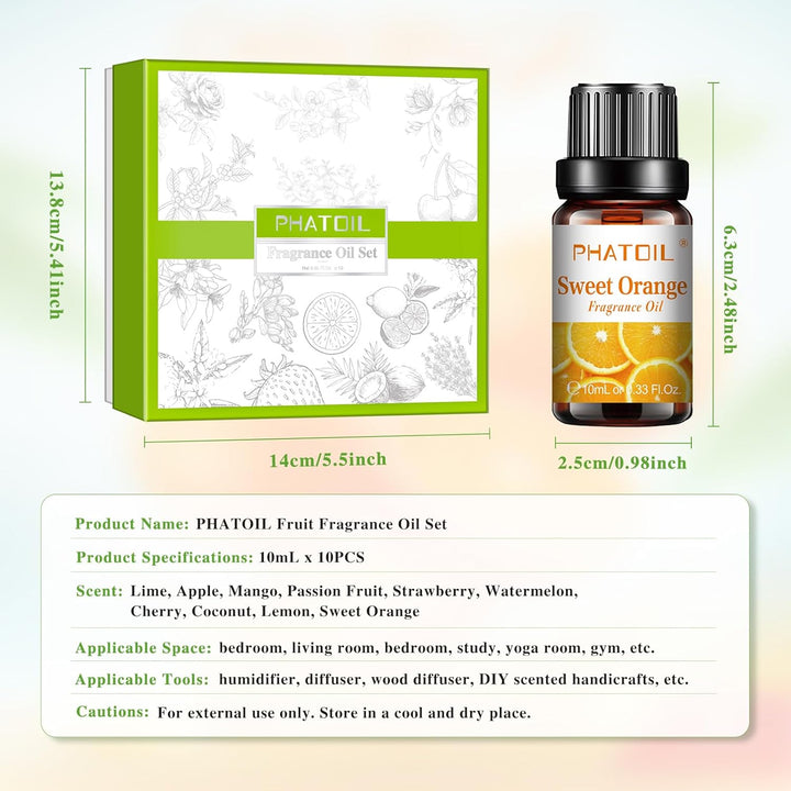 Fruity Fragrance Essential Oil Set, Coconut, Cherry, Apple, Strawberry, Mango Scents Oils for DIY Soap Candle Making, Diffuser Oil Set for Home Office Car Aromatherapy, 10 Pcs X 10Ml