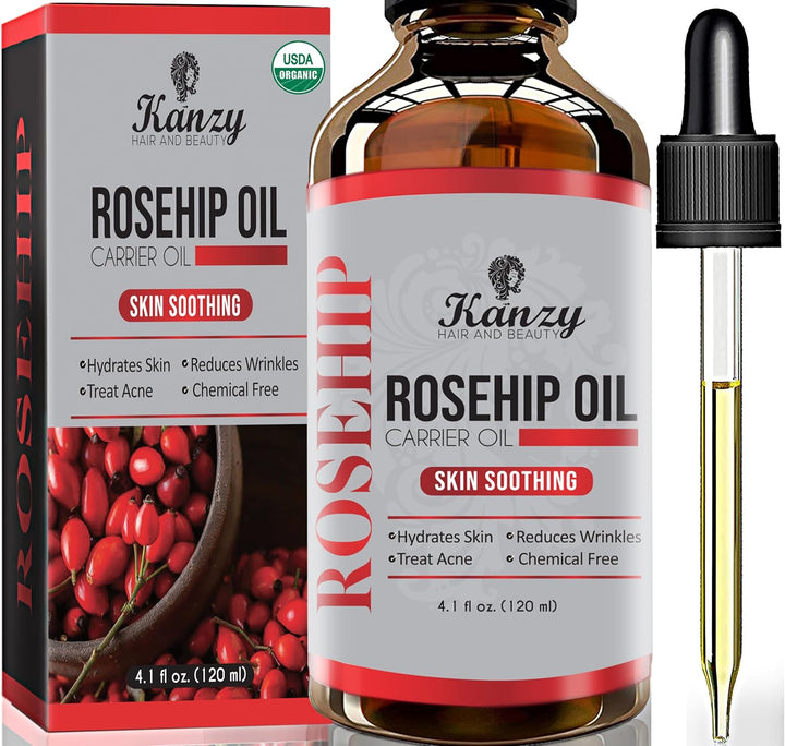 Kanzy Rosehip Oil for Face 120Ml Rosehip Oil Organic Cold Pressed Rose Hip Oil for Face 100% Pure Vegan Cruelty Free for Skin, Hair, Nails, and Body for Nourishment, Dryness, Fine Lines and Scars