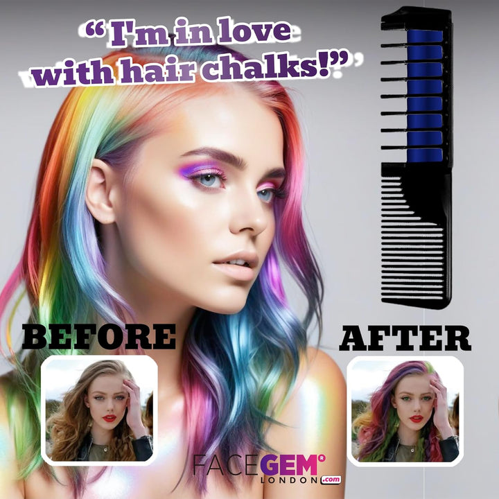 12 Hair Chalks Comb, 12 NEON & METALLIC Hair Chalk, Non-Toxic Easy Washable Hair Dye Colourful, METALLIC & NEON Hair Chalk -Perfect for Festivals, Halloween, Party, Hair Chalks for Girls