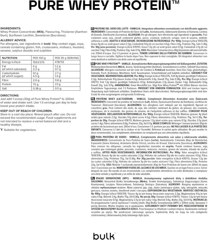 Pure Whey Protein Powder,Vanilla,23G Protein and 5G Bcaas per Scoop,Whey Concentrate Shake,Low Sugar,Supports Muscle Growth and Repair,Smooth Mixing,Vegetarian,1Kg