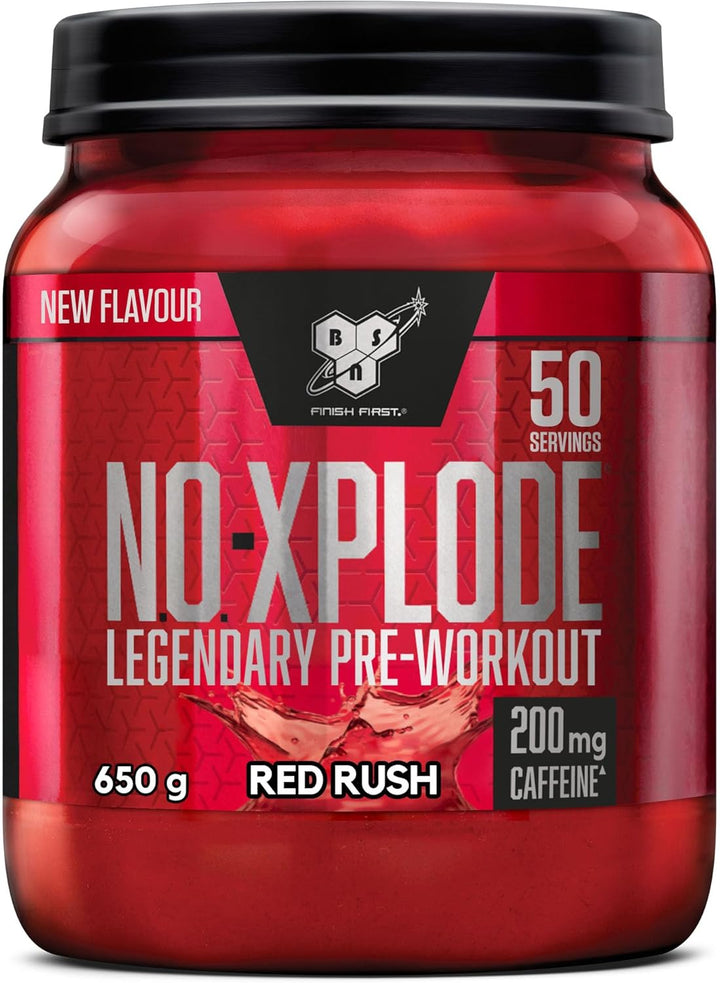 Nutrition N.O.-Xplode Pre Workout Powder Food Supplement, Energy and Focus Booster with Caffeine, Amino Acids, Vitamin C and Zinc, Red Rush Flavour, 50 Servings, 650 G