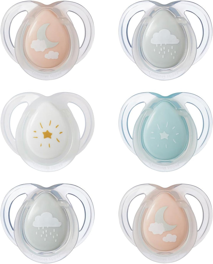 Nighttime Soothers, 0-6M, 6 Pack, Glow in the Dark, Varied Colours and Designs, Symmetrical Orthodontic Dummy, Bpa-Free Silicone Teat