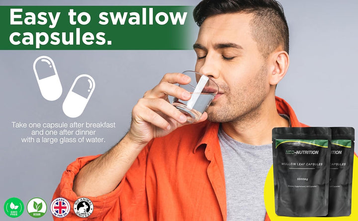 Mullein Leaf Extract for Lungs | High Strength 5000Mg Mullein 10:1 Extract, Lung Support & Respiratory Health | Detoxification Aid & Cleansing Support Supplement - 60 Capsules