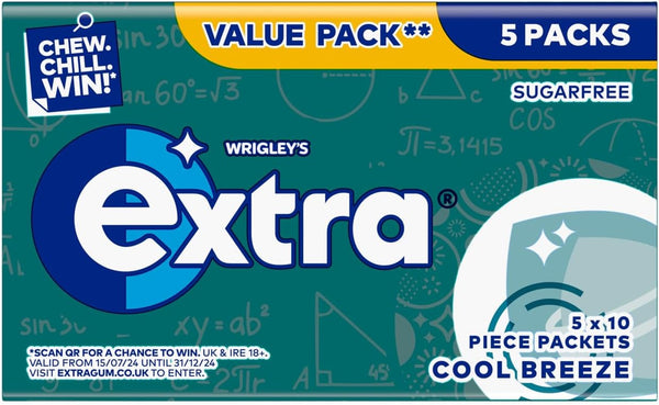 Extra Chewing Gum, Sugar Free, Cool Breeze Flavour, 5 X 10 Pieces