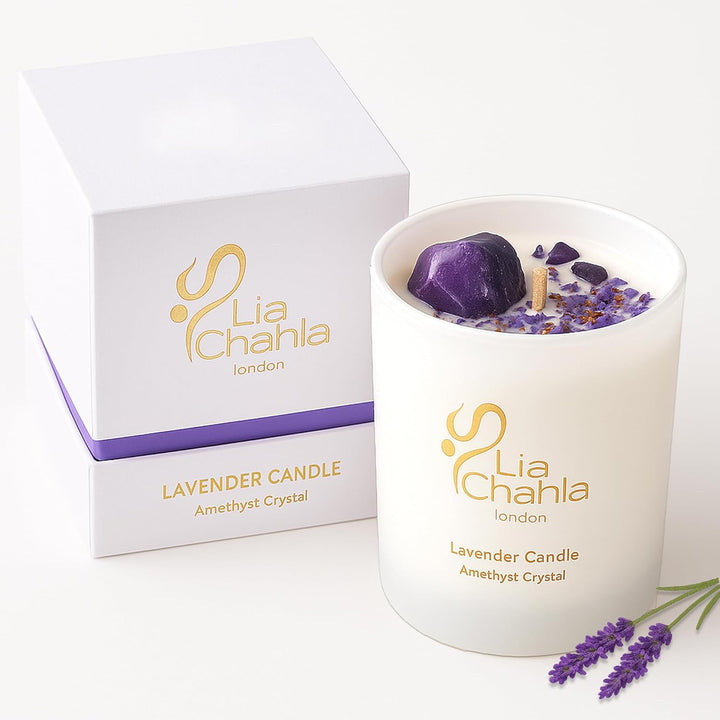 Lavender Soy Candle Gifts for Women | Infused with Amethyst Crystals and Florals | Aromatherapy Spiritual Healing & Anxiety Relief, Christmas Gifts (Lavender/Amethyst, 10 OZ)