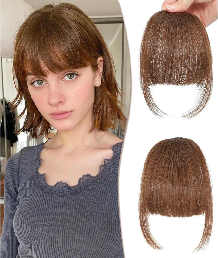 Clip in Fringe - Bangs Hair Clip in Bangs 100% Real Human Hair Extensions Clip on Air Bangs for Women Fringe with Temples Hairpieces Curved Bangs (Dark Brown, French Bangs)