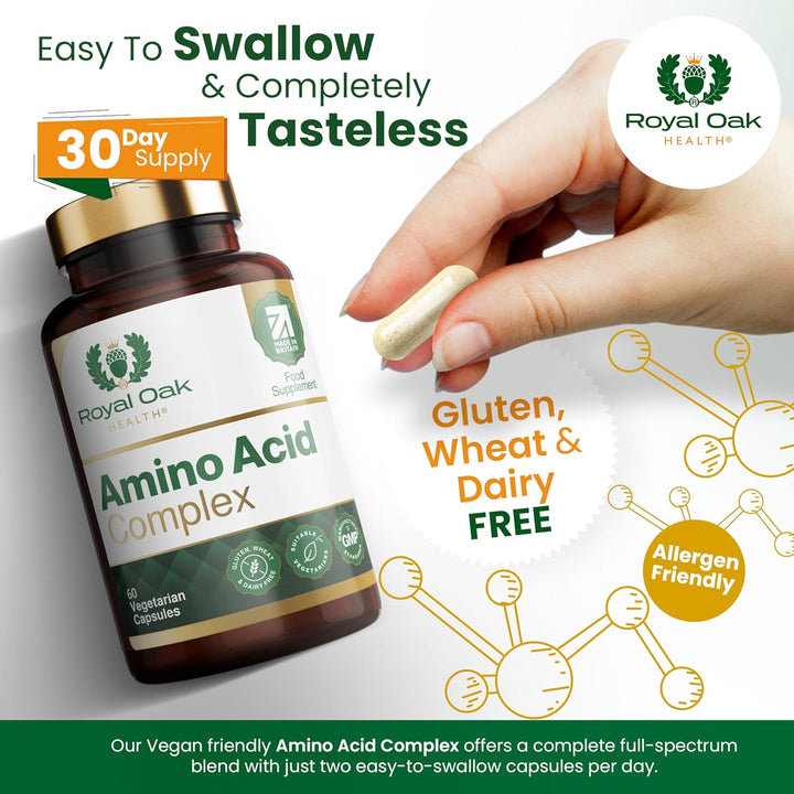 Full Spectrum Amino Acid Complex | Complete with All 20 EAA & Bcaas in Free Form for Instant Digestion | Essential & Branch Chain Amino Acids Supplement | 60 Vegan Capsules | UK Made