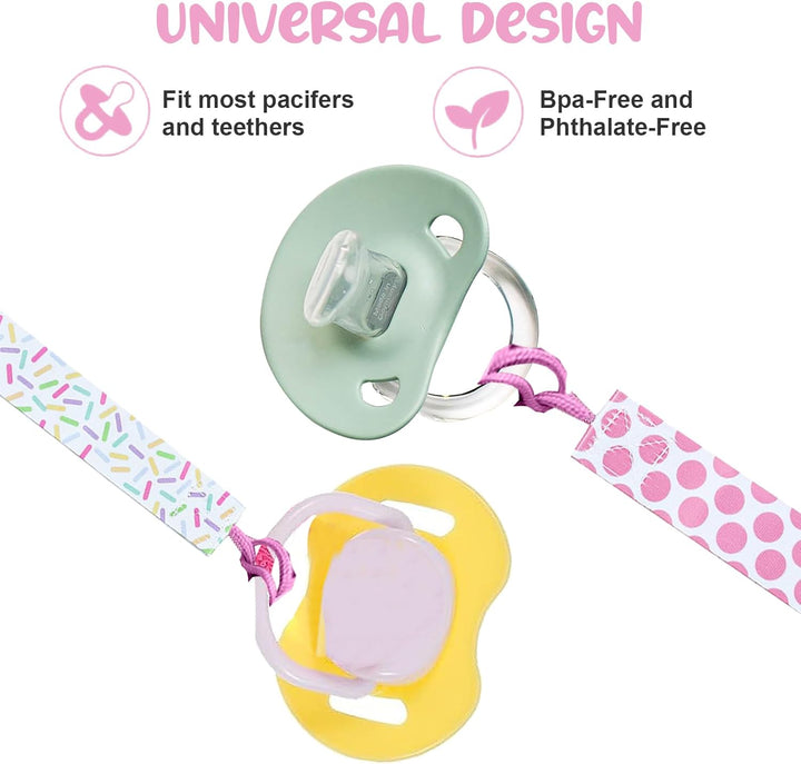 8Pcs Dummy Clip Girls, Baby Pacifier Clips Soother Clip Chains Dummy Strap Silicone Ring Adapter for All Dummies Soothers Teething Toys Newborn Essentials