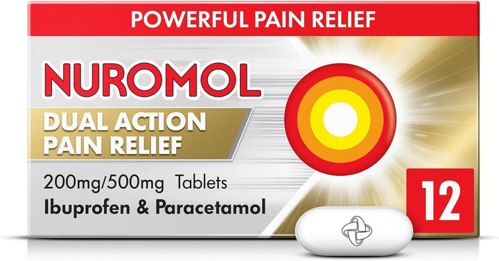 Nuromol Pain Relief Ibuprofen and Paracetamol Tablets, 12 Pack, Migraine Relief, Headache Relief, Joint, Period, Flu Tablets, Powerful Painkillers, Paracetamol, Pain and Fever