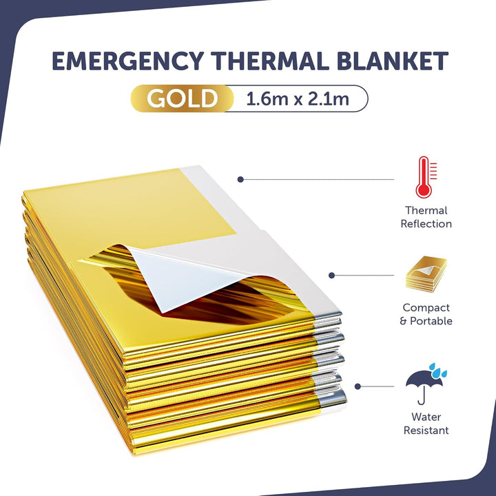 5 X Individually Packaged Gold Colour Medical First Aid Foil Survival Blankets for Personal Use - Reflective to Maintain Body Heat