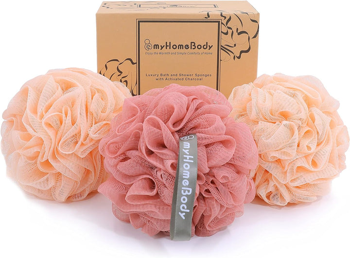Large 70G Loofah Sponge, Bath Body Scrubber for Women, Men, Exfoliating Shower Pouf with Activated Charcoal - 2 Graphite Gray + 1 Sage Green, 3 Pack