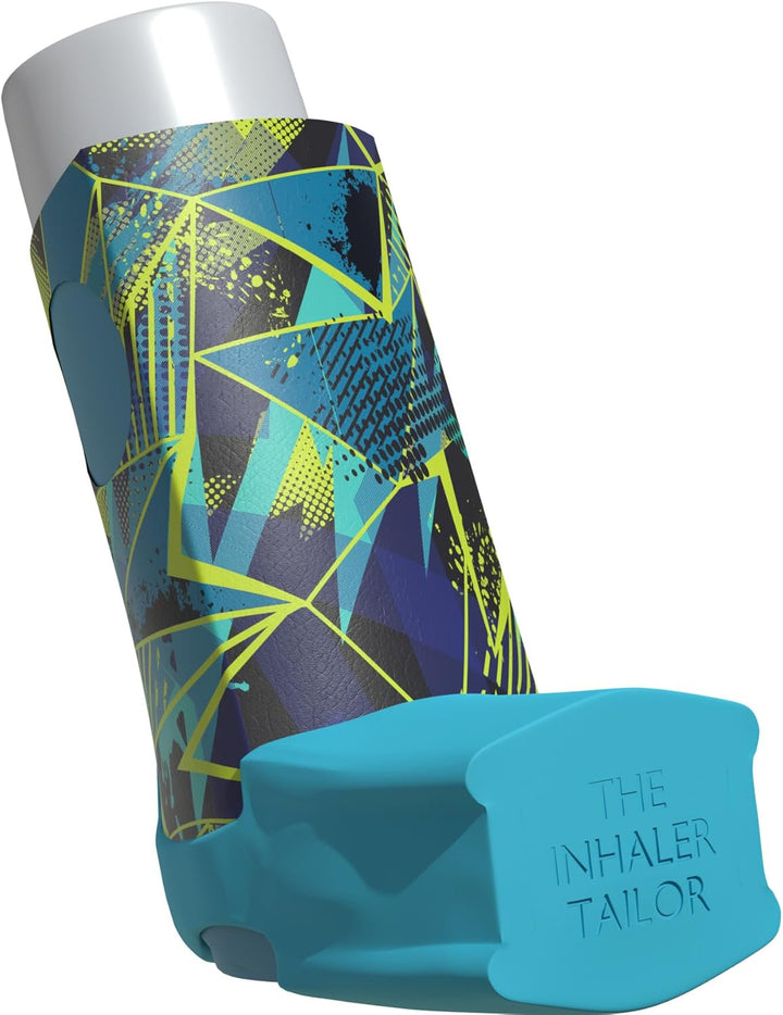 Sport Collection of Inhaler Cases – for Ventolin and Shorter Style Inhalers – Vegan Leather Case for Kids and Adults – Handmade in England (Neon Geometric, Shorter Style)