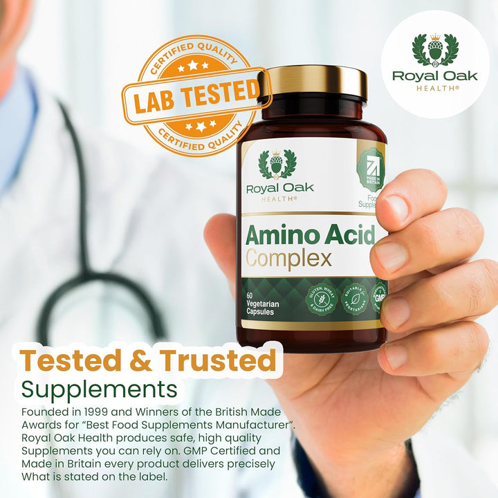 Full Spectrum Amino Acid Complex | Complete with All 20 EAA & Bcaas in Free Form for Instant Digestion | Essential & Branch Chain Amino Acids Supplement | 60 Vegan Capsules | UK Made