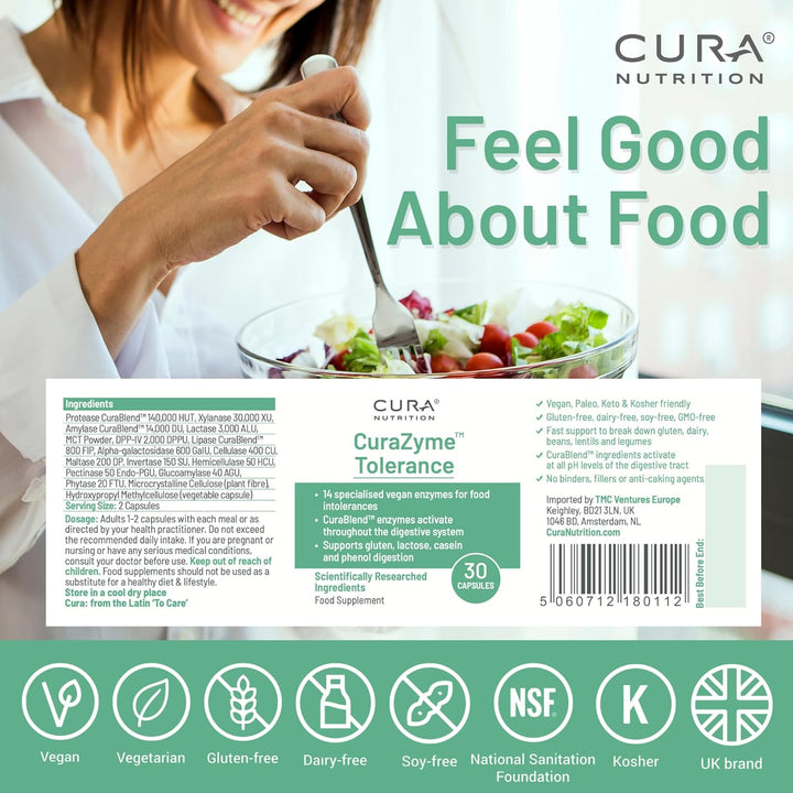 CURAZYME Tolerance (30 Capsules) Food Intolerance Digestive Enzymes Supplement for Gut Health Support, Broad Spectrum Enzyme Complex for Bloating, Heartburn, Digestion Relief, Vegan