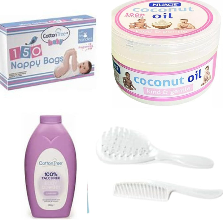 Demotologist Tested Baby Essentials – 100% Natural Coconut Oil, Baby Wipes, Baby Oil, Nappy Bags, Comb & Brush Set + Omoge Pen | Newborn Skincare | Gentle & Mild for Delicate Skin