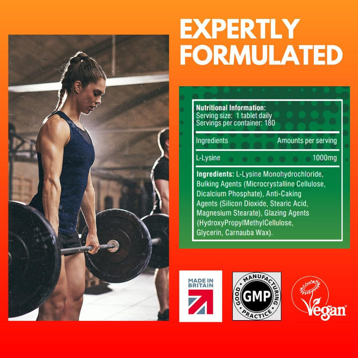 L-Lysine 1000Mg High Strength Tablets, 180 Vegan Tablets (6 Month Supply) Essential Amino Acid, Normal Growth & Muscle Turnover, Made in the UK by
