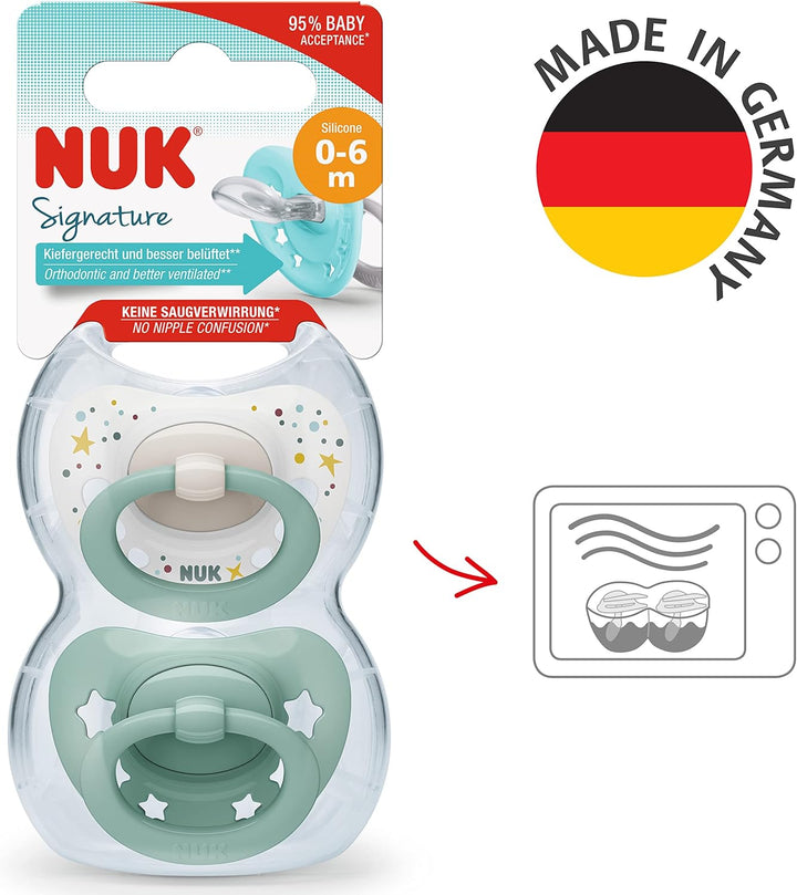 Signature Baby Dummy | 0-6 Months | Soothes 95% of Babies | Heart-Shaped Bpa-Free Silicone Soothers | Includes Case | Green Stars | 2 Count