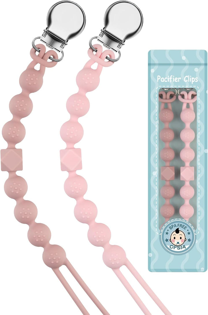 Dummy Clips Boys Girls Silicone Soother Pacifier Chain Flexible Binky Holder Set with Texture for Teething Baby Unisex Newborn Dummies 1-Piece Design(Quartz Pink)