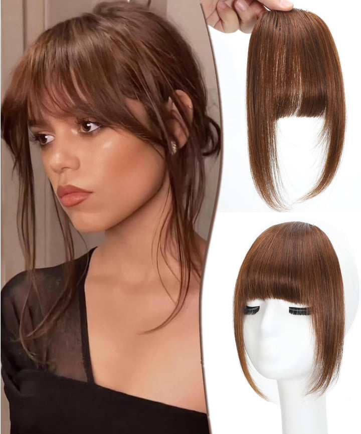 Clip in Fringe - Bangs Hair Clip in Bangs 100% Real Human Hair Extensions Clip on Air Bangs for Women Fringe with Temples Hairpieces Curved Bangs (Dark Brown, French Bangs)