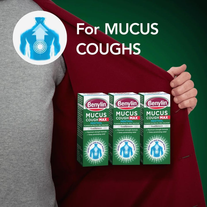 Mucus Cough Max Menthol Flavour, Helps to Clear Chest Mucus from Day 1, Cough Medicine for Adults, 100 Mg/5 Ml Oral Solution, 150 Ml