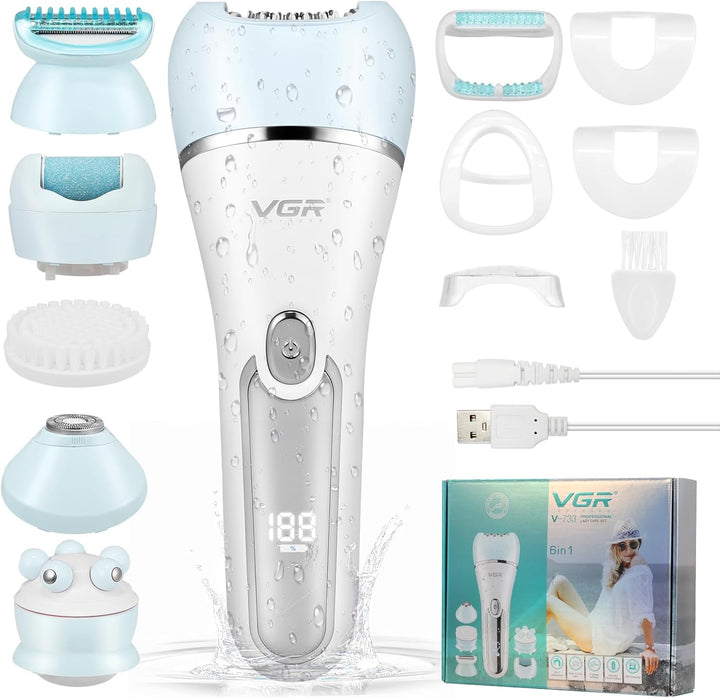 Epilator for Women, 6 in 1 Hair Removal with LED Light, 2 Speeds, Rechargeable & Cordless Razor, Wet and Dry Shaver, Exfoliator, IPX7 Waterproof Electric Hair Remover for Face Legs Arms Armpit Bikini
