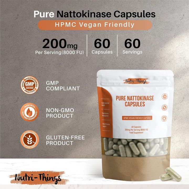 Pure Nattokinase Capsules - Natural Cardiovascular Support - 200Mg Pure Nattokinase from Fermented Soybeans - Enhanced with Psyllium Husk for Added Benefits - 60 Capsules