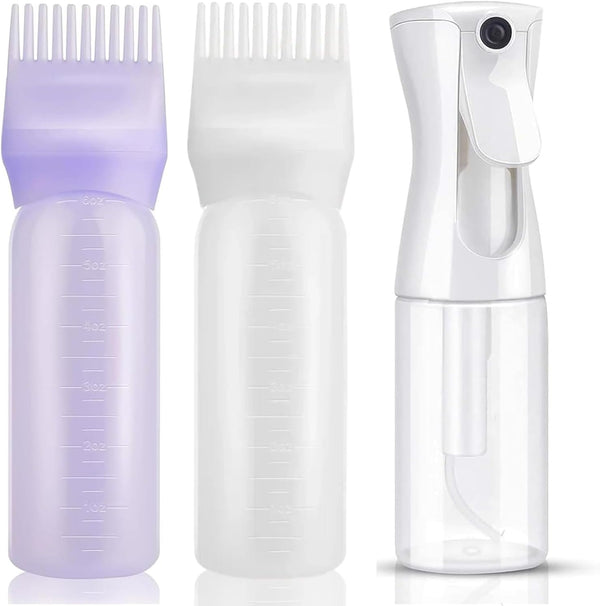 3 PCS Plastic Hair Dye Oil Applying Applicator with Graduated Scale, Root Comb Applicator and Continuous Spray Bottle, 200Ml(White)