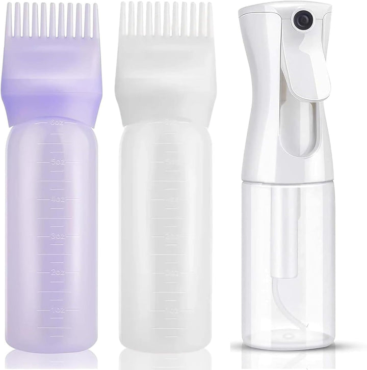 3 PCS Plastic Hair Dye Oil Applying Applicator with Graduated Scale, Root Comb Applicator and Continuous Spray Bottle, 200Ml(White)
