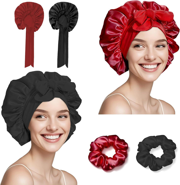 Pack of 2 Silk Caps for Sleeping with Hair Bobbles, Adjustable Satin Hair Cap, Silk with Elastic Waistband, Soft Sleep Cap, Women'S Hair Protection for the Night, Bonnet Sleep Cap, Long Hair
