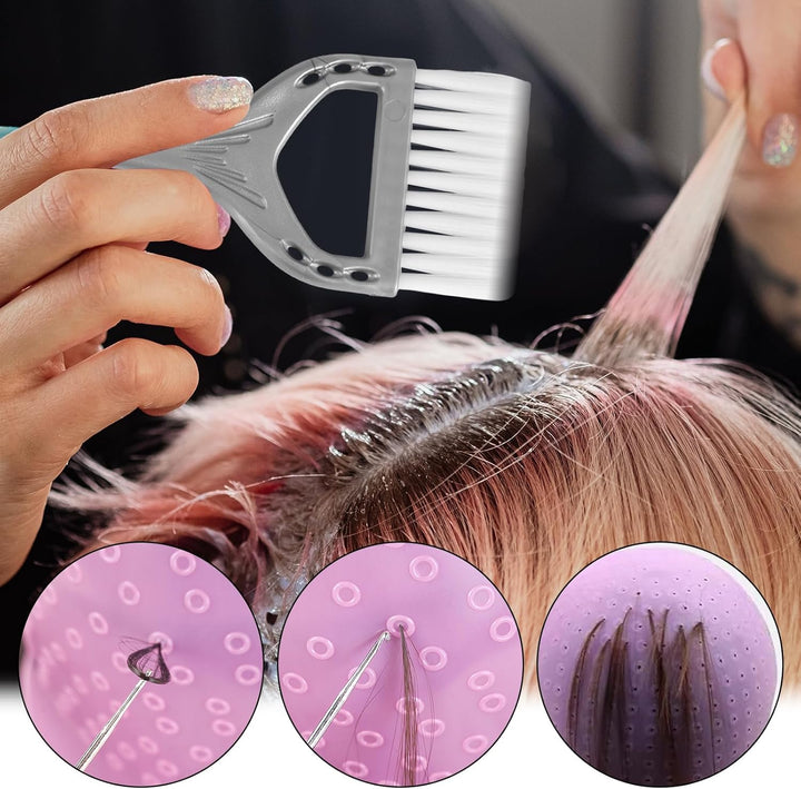 Hair Highlight Cap Kit with Reusable Accessories, Silicone Highlighting Cap with Upgraded Mixing Bowl, Brush and Reusable Gloves, Easy-To-Use Hair Dye Cap for DIY Highlights at Home or Salon