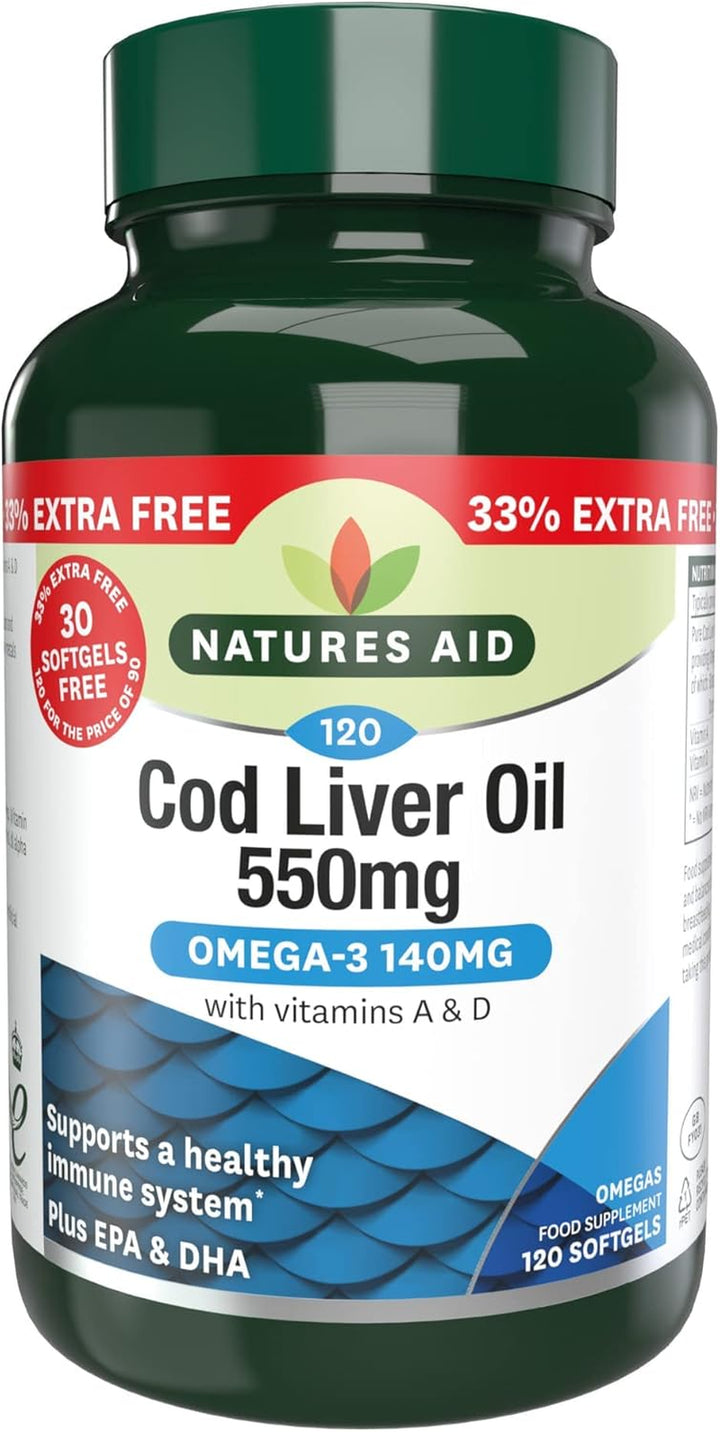 Cod Liver Oil 1000Mg Softgels – High Strength Omega-3 Fish Oil with Vitamins a & D – Supports Immune System, Heart Health, Brain, Vision, Joints – Non-Gmo – 180 Capsules