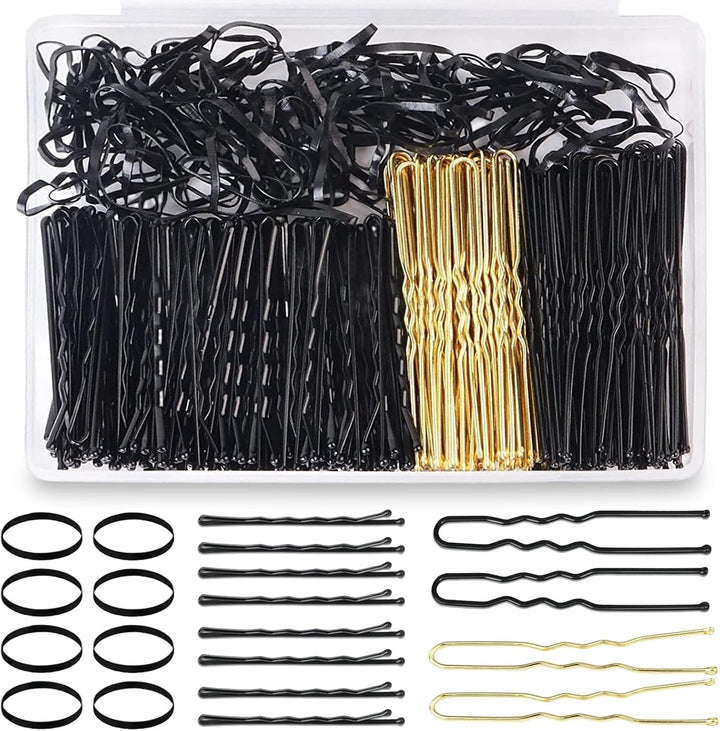 300 Pcs Bobby Pins Kit, Hair Pins for Women, Hair Grips, 100 Brown Waved Hair Pins (50Pcs L+50Pcs S), 100 Brown U Shaped H-Air P-Ins, 100 White Elastic Bands, with Storage Box