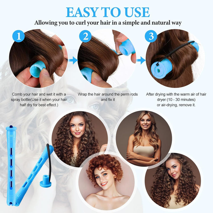 10 Pieces Hair Perm Rods Non-Slip Hair Rollers for Natural Hair with Elastic Rubber Band Short Curlers for Hairdressing Styling 0.35"(Gradient Blue)