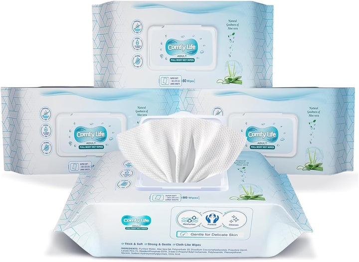 Premium Full Body Cleansing Wet Wipes for Adults - Large Luxury Fresh-Feel Rinse-Free Fragrance-Free Bed Bath Intimate-Care Soft Sheets (1 Pack (80 Wipes)