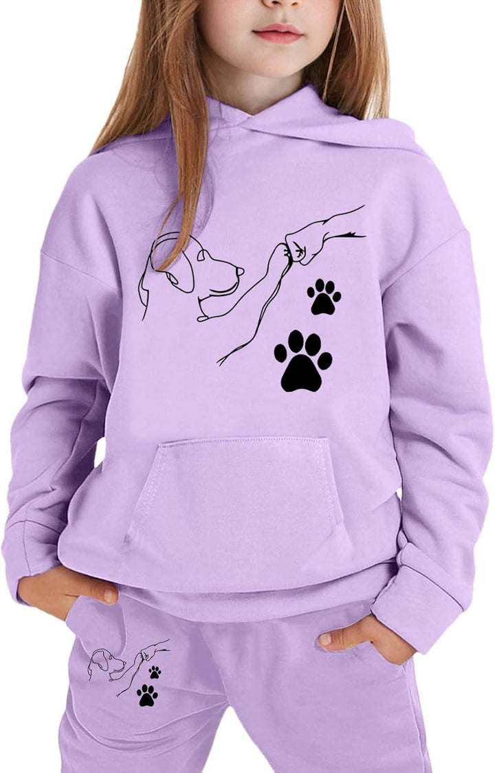 Girls Casual Hooded Tracksuit with Cute Cartoon Fist Bump Print and Drawstring Pockets for Autumn Winter Season