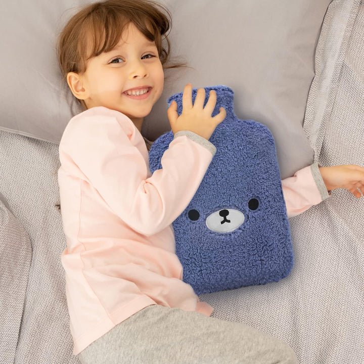 Hot Water Bottle with Cute Fleece Cover, 2L Hot Water Bag for Hot and Cold Compress, Hand Feet Warmer, Neck and Shoulder Pain Relief,Bear Blue