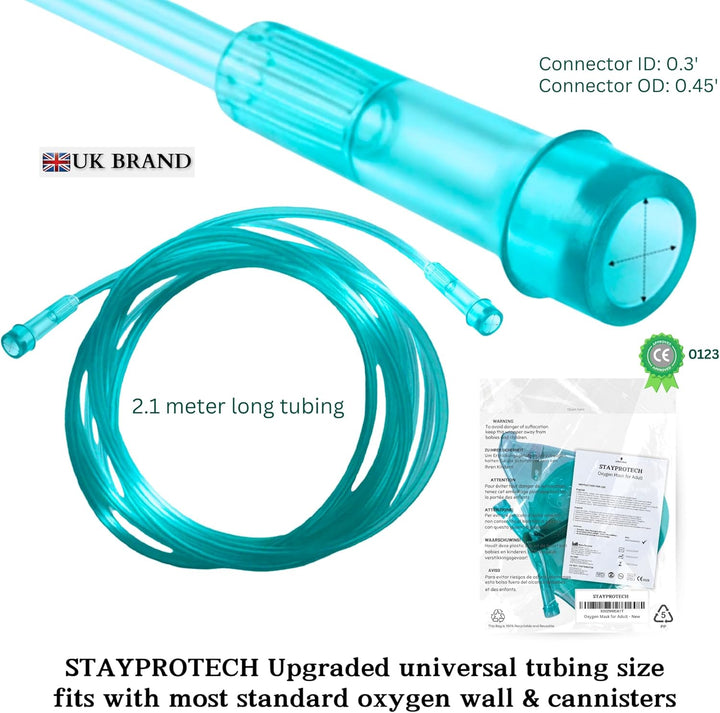 Oxygen Mask with 2.1M Long Tubing, Boosts Oxygen & Enhances Oxygen Therapy, Comfortable Fit, Adjustable Strap & Soft PVC Material. Oxygen Mask for Home Use, (Adult Size)