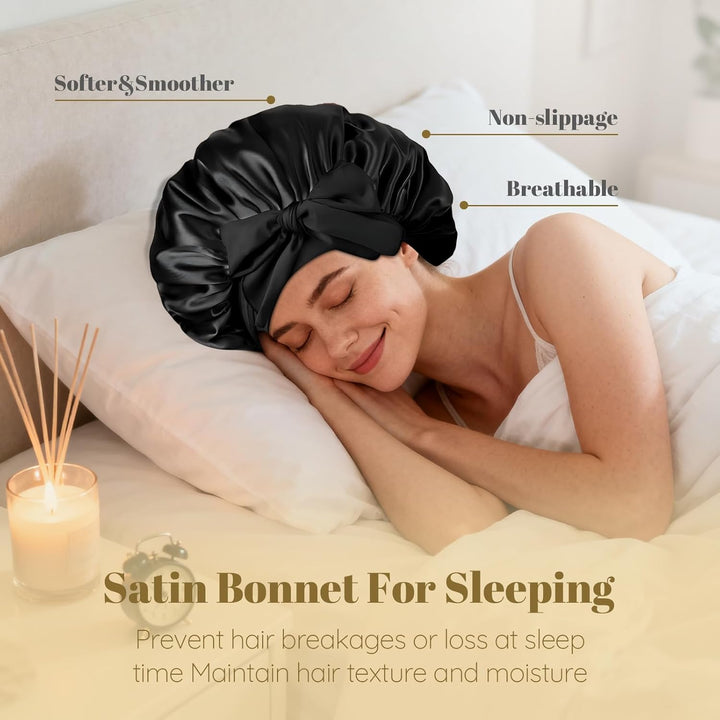 Silk Bonnet, Satin Bonnets for Sleeping, 1 PCS Adjustable Hairs Bonnetss for Women and Hairs Band, Hairs Silk Bonnet for Sleeping, Hairs Bonnets with Tie Band for Curly Hair Braid Women Black