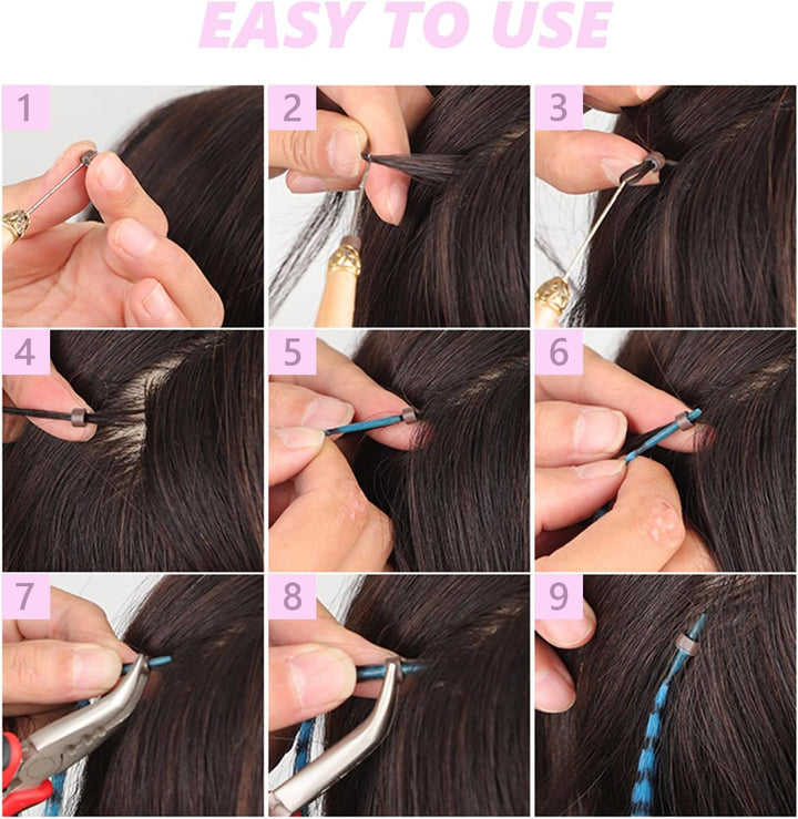 50 Pcs Feather Hair Extensions, Colorful Hairpieces Feathers with 100 Micro Beads, Pliers and Hook, Synthetic Hair Extensions Kit for Women Girls Party Festival Cosplay