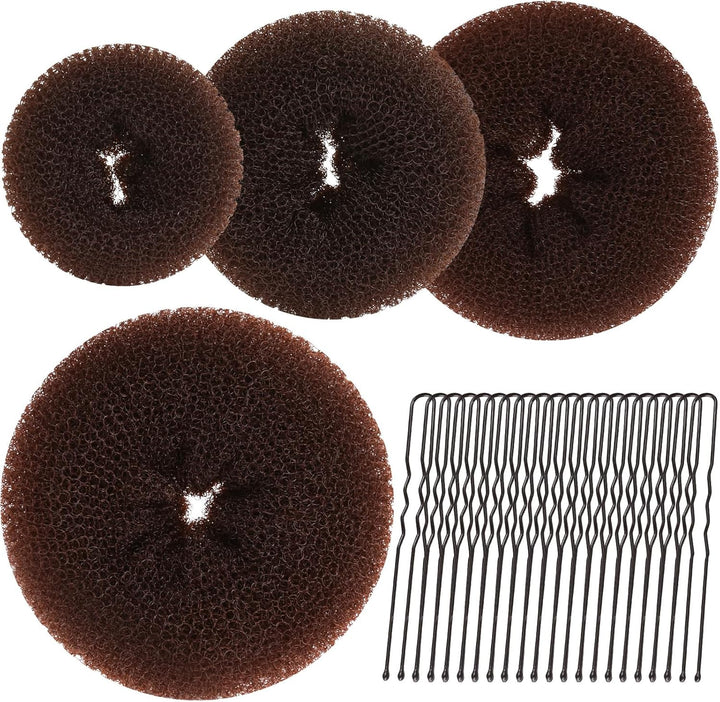 Hair Bun Shaper Set, 4 Size Beige Donut Bun Maker + 20 Golden Bobby Pins for Blonde, Chignon Bun Maker Hair Ring Style Accessories for Dancer Ballet Girls Extra-Large, Large, Medium, Small