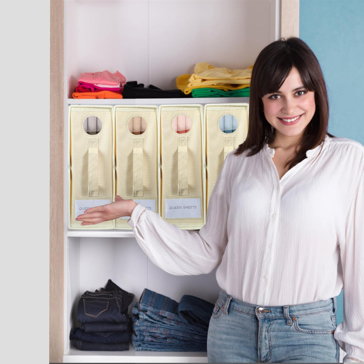 4 Pack Foldable Bed Sheet Organiser Storage, Folding Bedding Organizer Box with Clear Window and Zip for Sheets, Duvet Covers, Blankets, Pillows, Clothes and Towels(Queen & King Size), Apricot