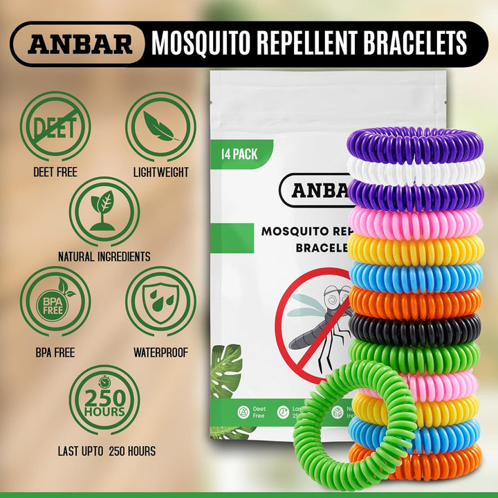Mosquito Repellent Bracelets Bands for Adults and Kids, 14 Pack, All-Natural Deet-Free, Non-Toxic Protection, Stretchy Waterproof Anti-Mosquito Wristbands for Hiking and Camping