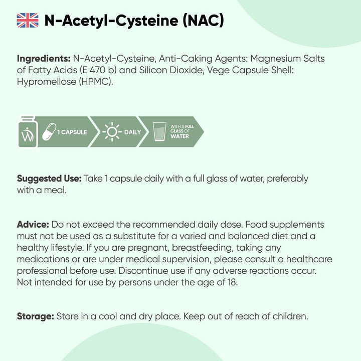 NAC N-Acetyl-Cysteine 600Mg - 180 Capsules (6 Months Supply) - 1 per Day - Vegan & Gluten-Free NAC Supplement - Precursor to Glutathione - N-Acetyl-Cysteine Nutritional Supplements - Made in the UK