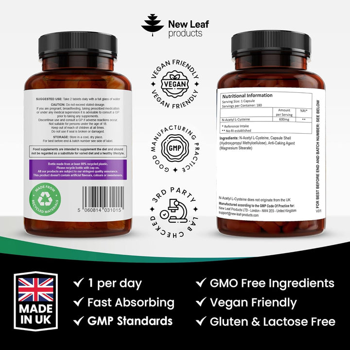 NAC N-Acetyl-Cysteine 600Mg Capsules N-Acetyl Cysteine Nutritional Supplements 180 NAC Capsules - Nac Supplement High Bioavailability Amino Acid - Vegan Friendly - Made in UK by New Leaf