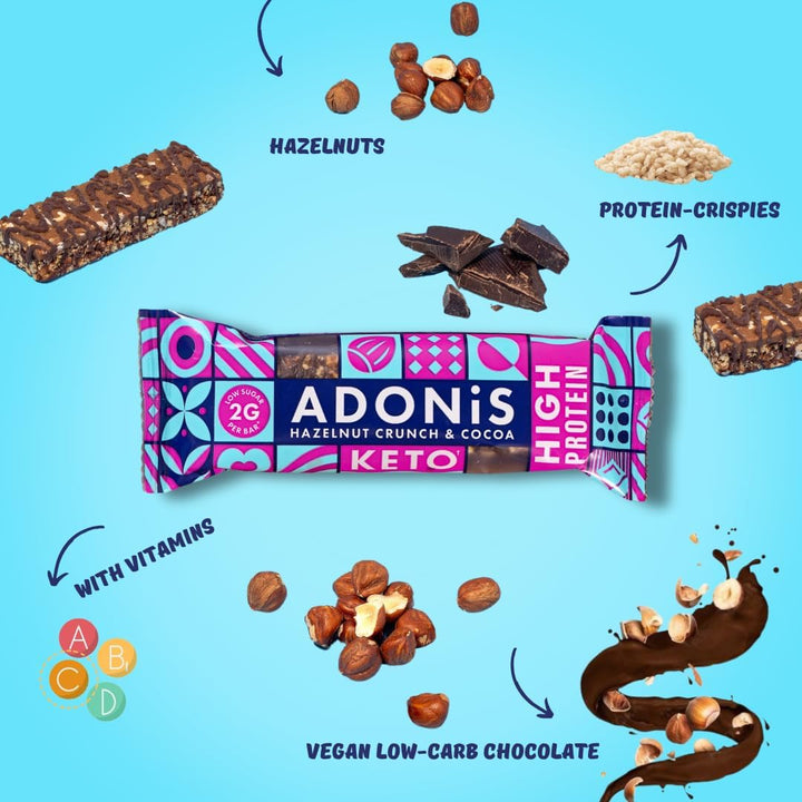 Hazelnut Crunch & Cocoa High Protein Keto Bars (16X45G) | Vegan & Keto-Friendly | 100% Natural Keto Snacks | Sugar Free, Palm Oil Free, Dairy Free | Low Sugar & Low Carb | Ideal for a Keto Diet