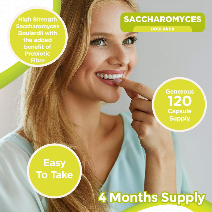 Saccharomyces Boulardii 20 Billion CFU - 120 Capsules | High Strength Prebiotics and Probiotics for Women & Men | Digestion Supplement with Natural Postbiotic Benefits | Vegan | 4 Months Supply