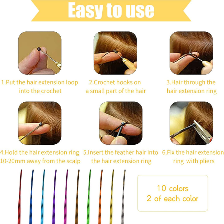 20Pcs Feather Hair Extensions, Colored Hair Extensions Kits, Colorful Hairpieces Feathers, Synthetic Hair Extension Kits with 50 Micro Beads and 1 Crochet Hook for Girls Women